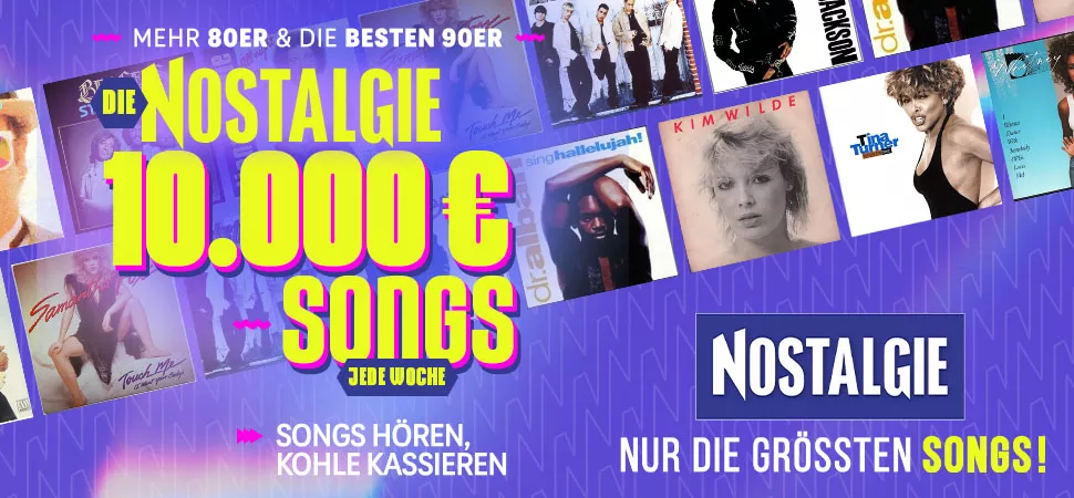 Verschiedene Plattencover darauf Schrift "Die NOSTALGIE 10.000€ Songs"