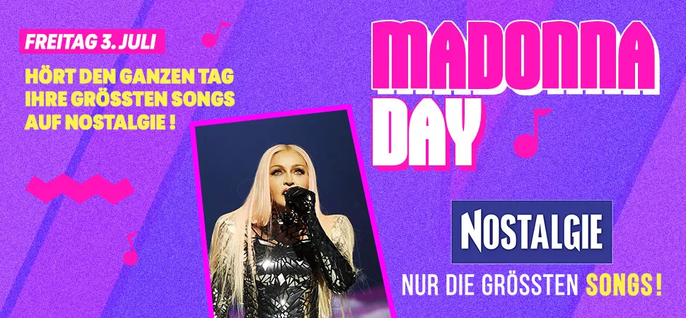 Lila Grafik mit einem Foto von Madonna, die den Madonna Day auf NOSTALGIE bewirbt