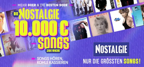 Verschiedene Plattencover darauf Schrift "Die NOSTALGIE 10.000€ Songs"