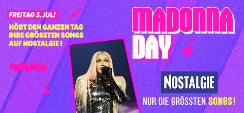 Lila Grafik mit einem Foto von Madonna, die den Madonna Day auf NOSTALGIE bewirbt